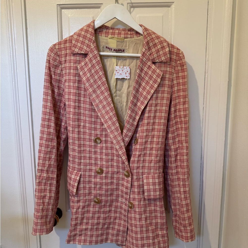 Free People Red Plaid Double-Breasted Blazer
